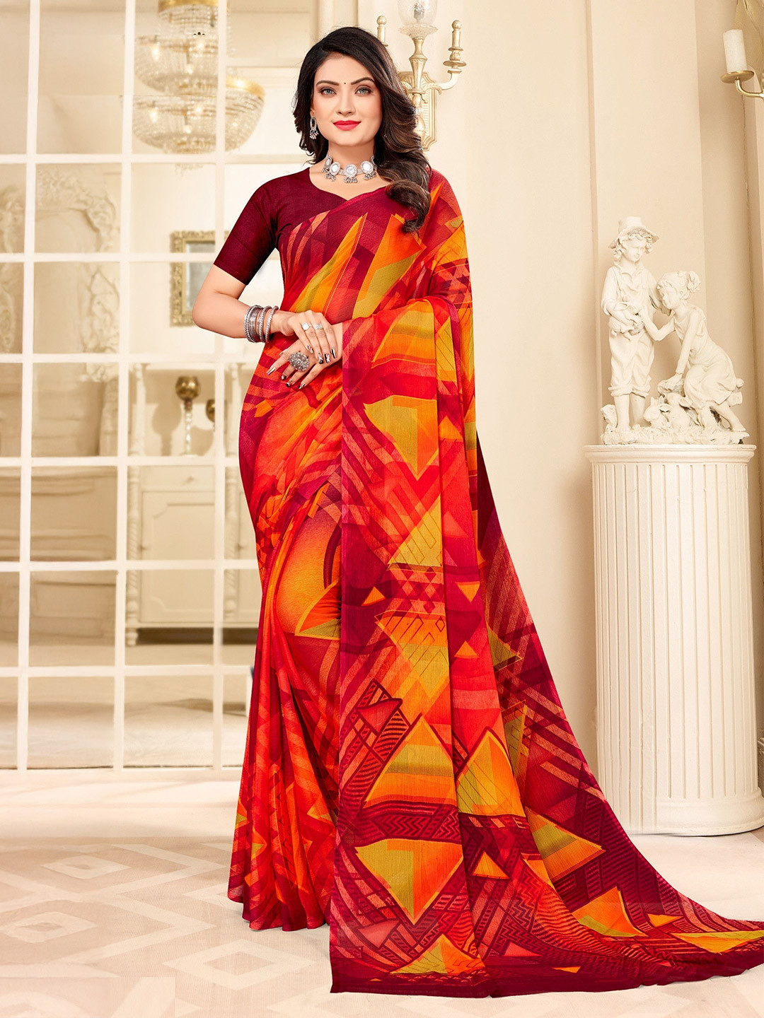 THE FASHION ATTIRE Red Printed Daily Wear Chiffon Saree