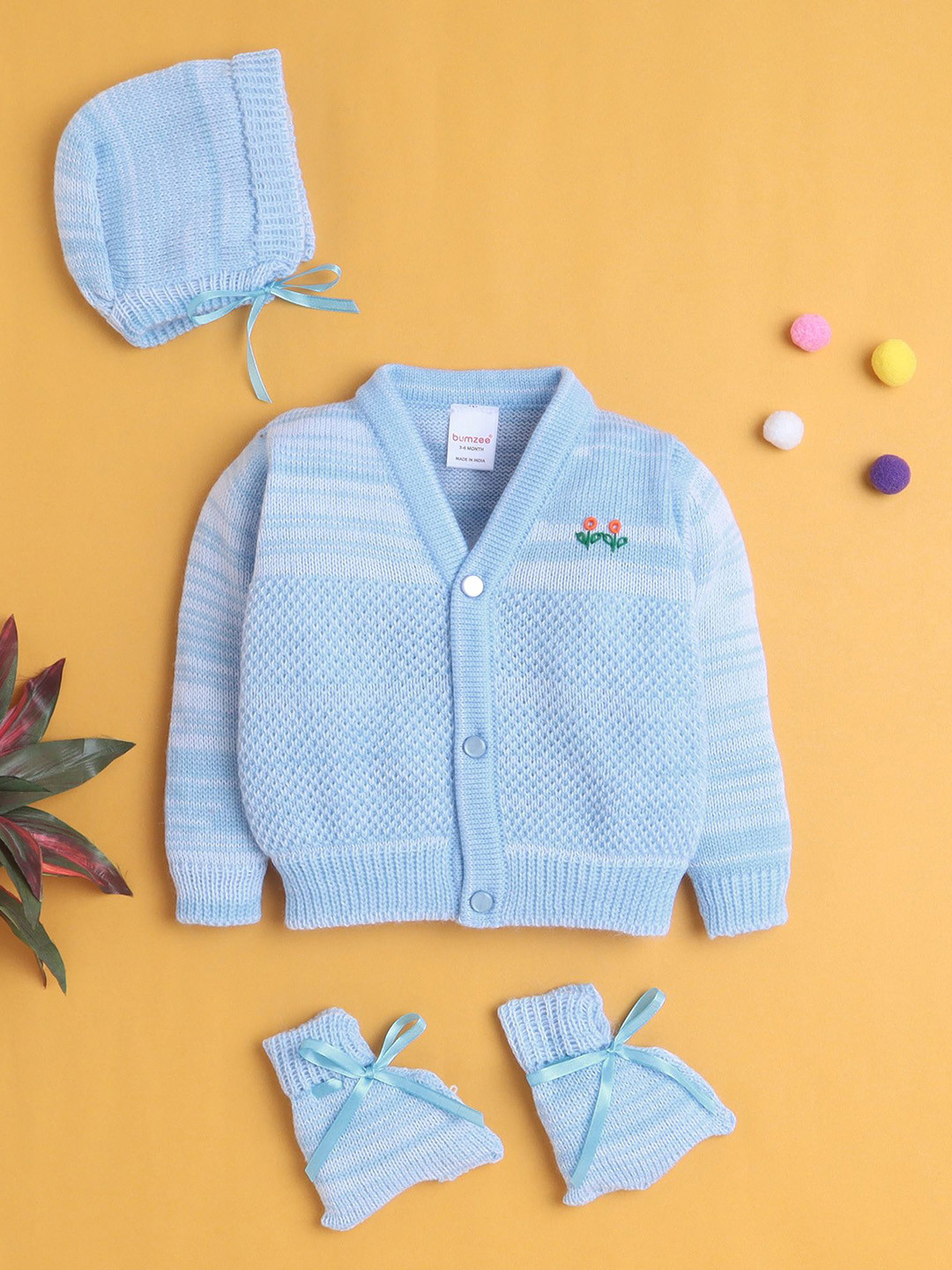 BUMZEE Infant Boys Self Design 3-Pcs Cotton Sweater With Cap & Socks Baby Apparel Gift Set