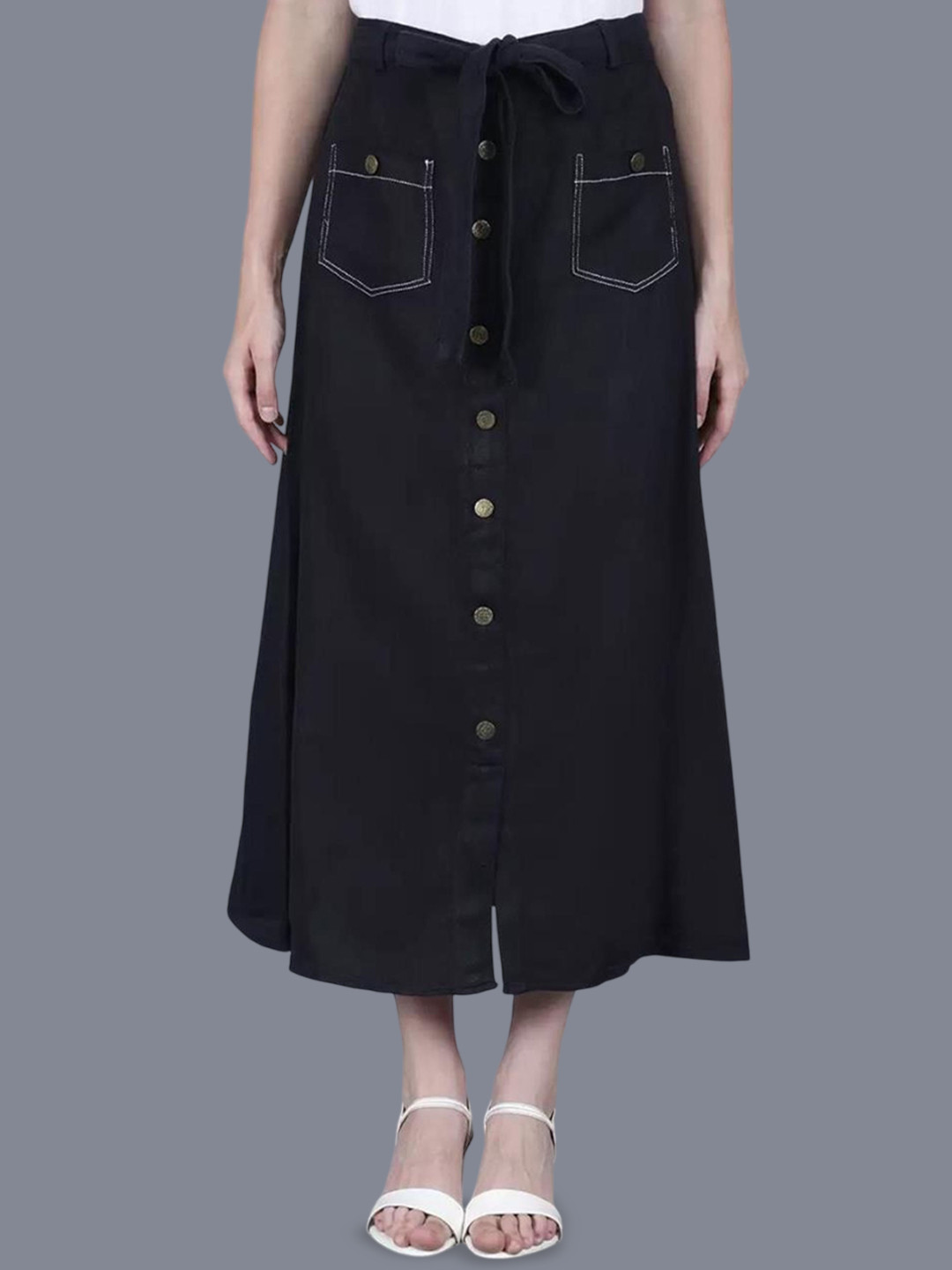 Tripursundari Fashion Front Pocket Buttoned A-Line Maxi Denim Skirt