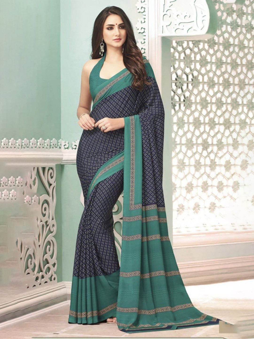 THE FASHION ATTIRE Blue TIARAA Printed Bollywood Crepe Saree