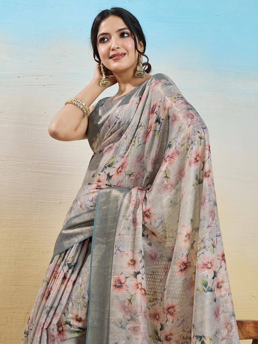 DIVASTRI Grey Tissue Printed Sarees