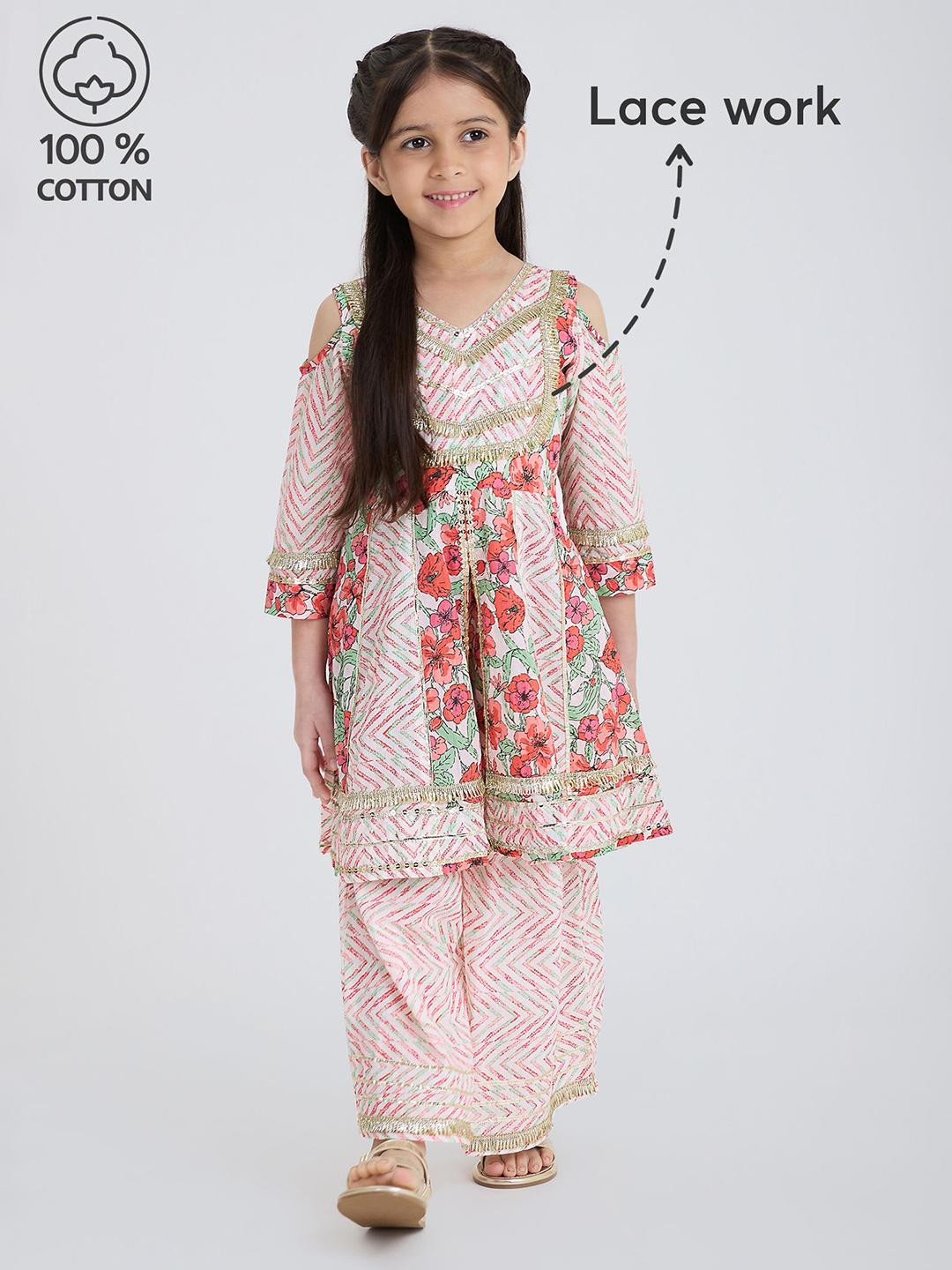 Hopscotch Girls Floral Printed Laced Kurti With Palazzos