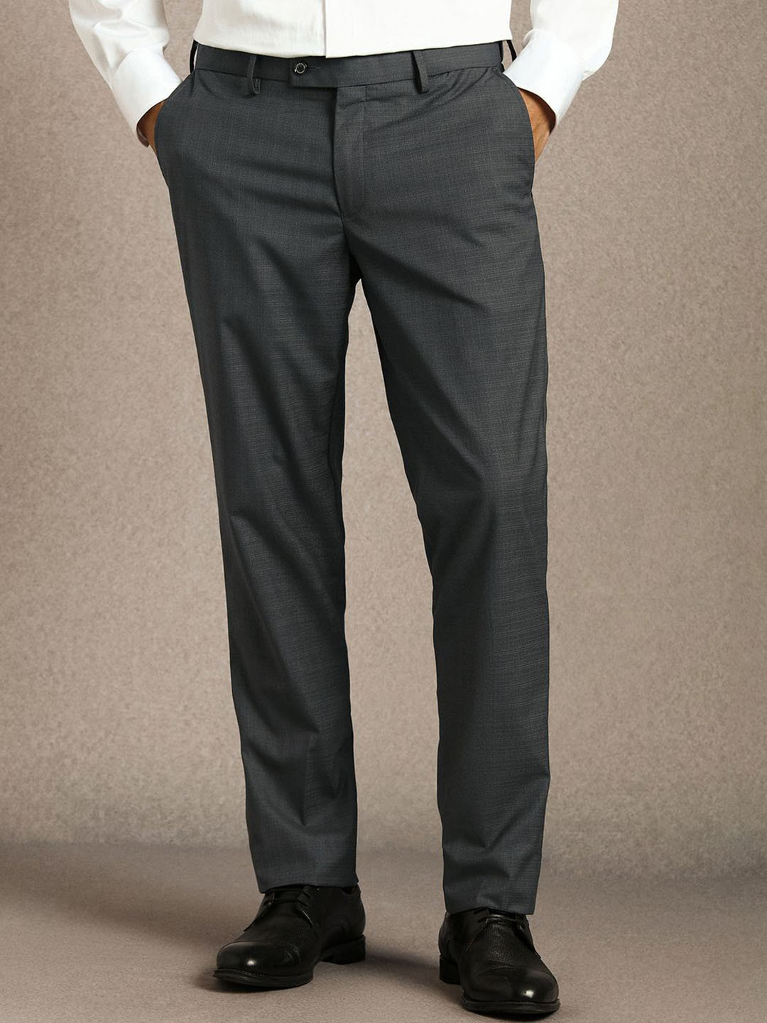 Louis Philippe Men Grey Textured Flat Front Formal Trousers