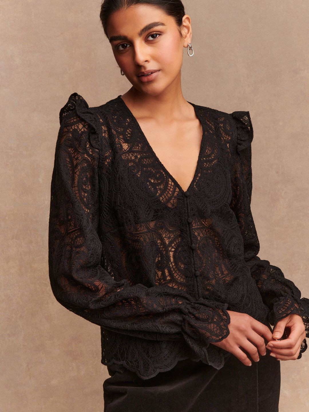 NEXT Bell Sleeve Lace-Up Paisley Ruffles Sheer Shirt Style Top