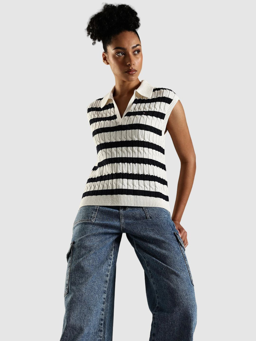 Tommy Hilfiger Women Striped Polo Collar Cotton Pullover Sweater