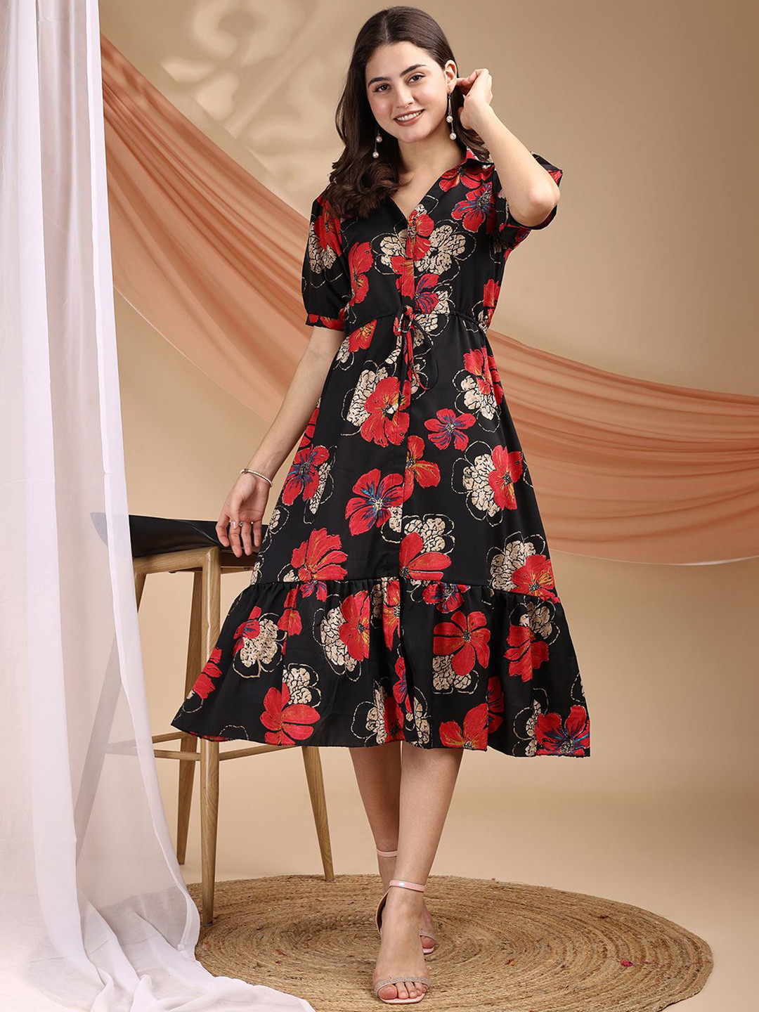 Pinly Women Floral Printed Shirt Collar Lace Inserts Tiered Fit & Flare Midi Dress