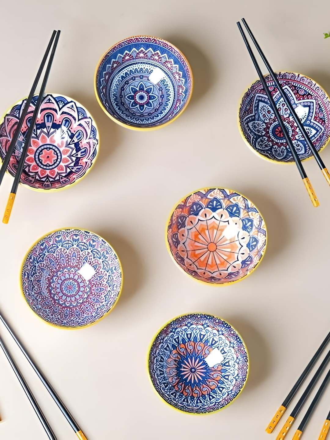 Femora White & Blue 6 Pieces Printed Dishwasher & Microwave Safe Serving Bowls & Chopstick