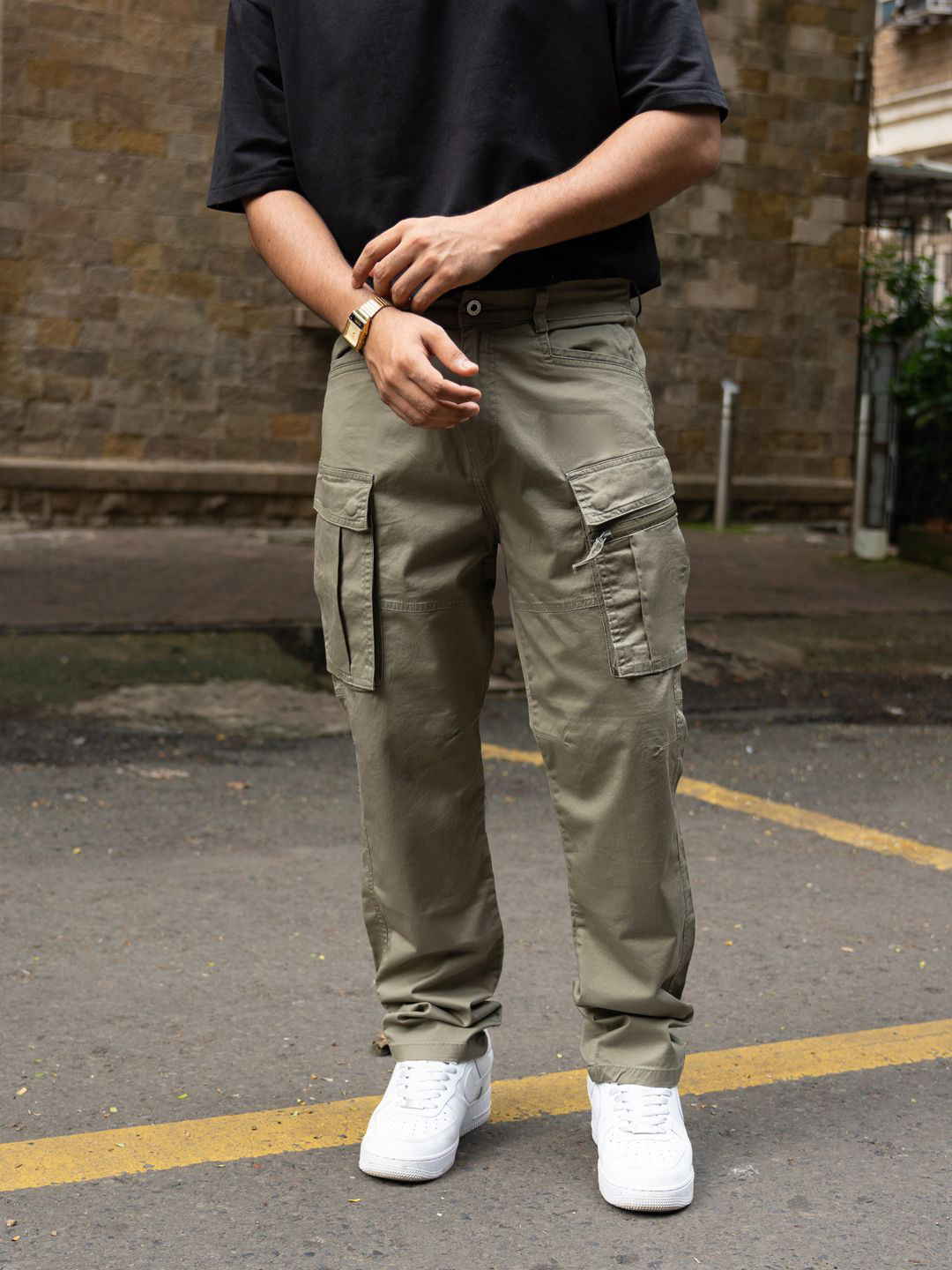 Powerlook Men Olive Regular Fit Cotton Utility Cargo Pant