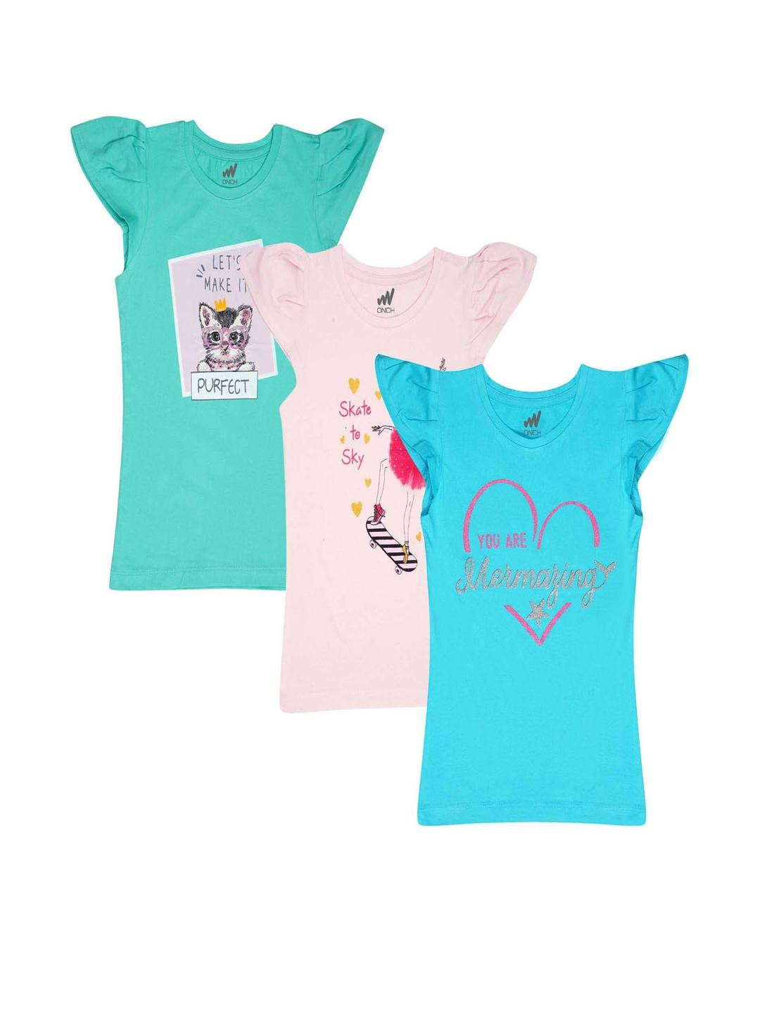 ONCH Girls Pack Of 3 flutter sleeve Round Neck Casual Cotton T-shirt