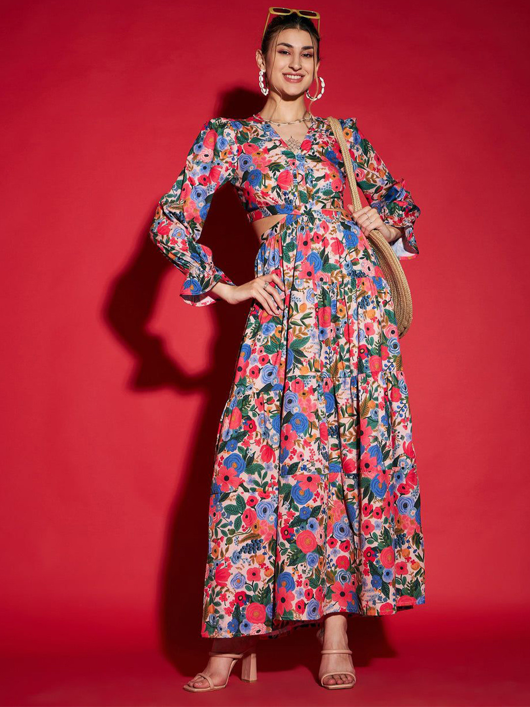 Pinly  Women Floral printed V Neck Cut Out Fit & Flare Dress