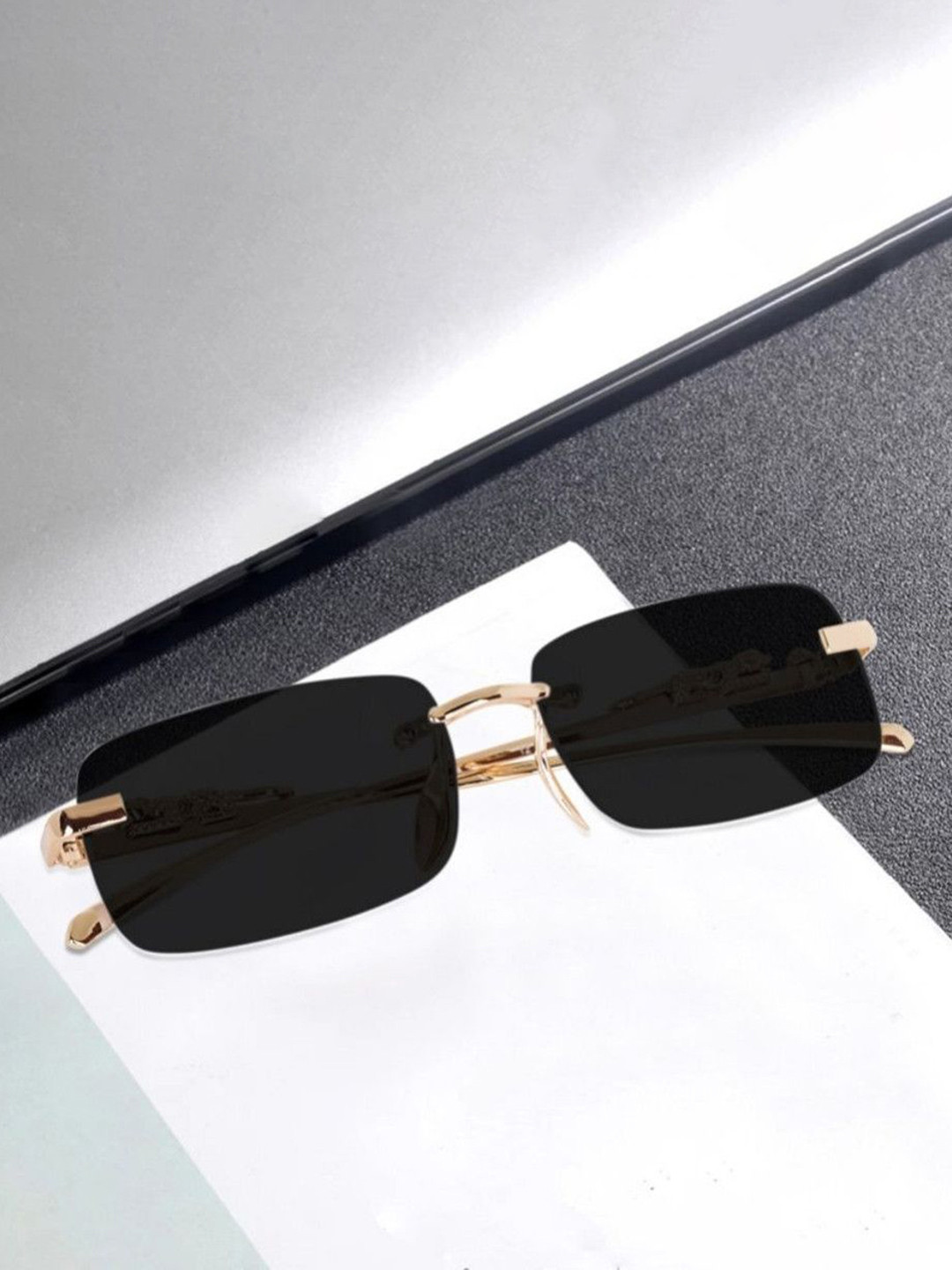 SPADEACES Kids  Gold-Toned Rectangle Sunglasses with UV Protected LenskARAN GOLD BLACK