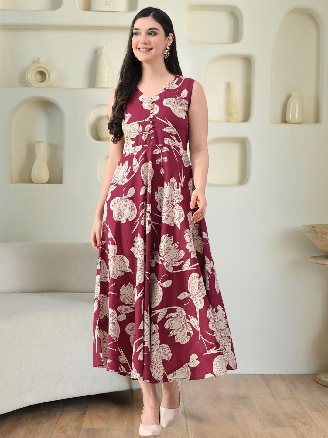 Sangria Women Burgundy Floral Printed V-Neck Sleeveless Fit & Flare Cotton Maxi Dress