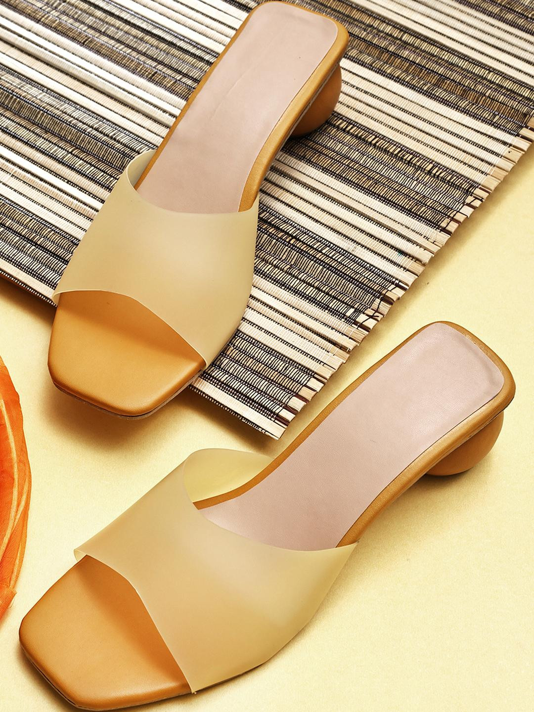 TODRIA Women Yellow & Tan Open Toe Synthetic Block Heels With Neolite Sole