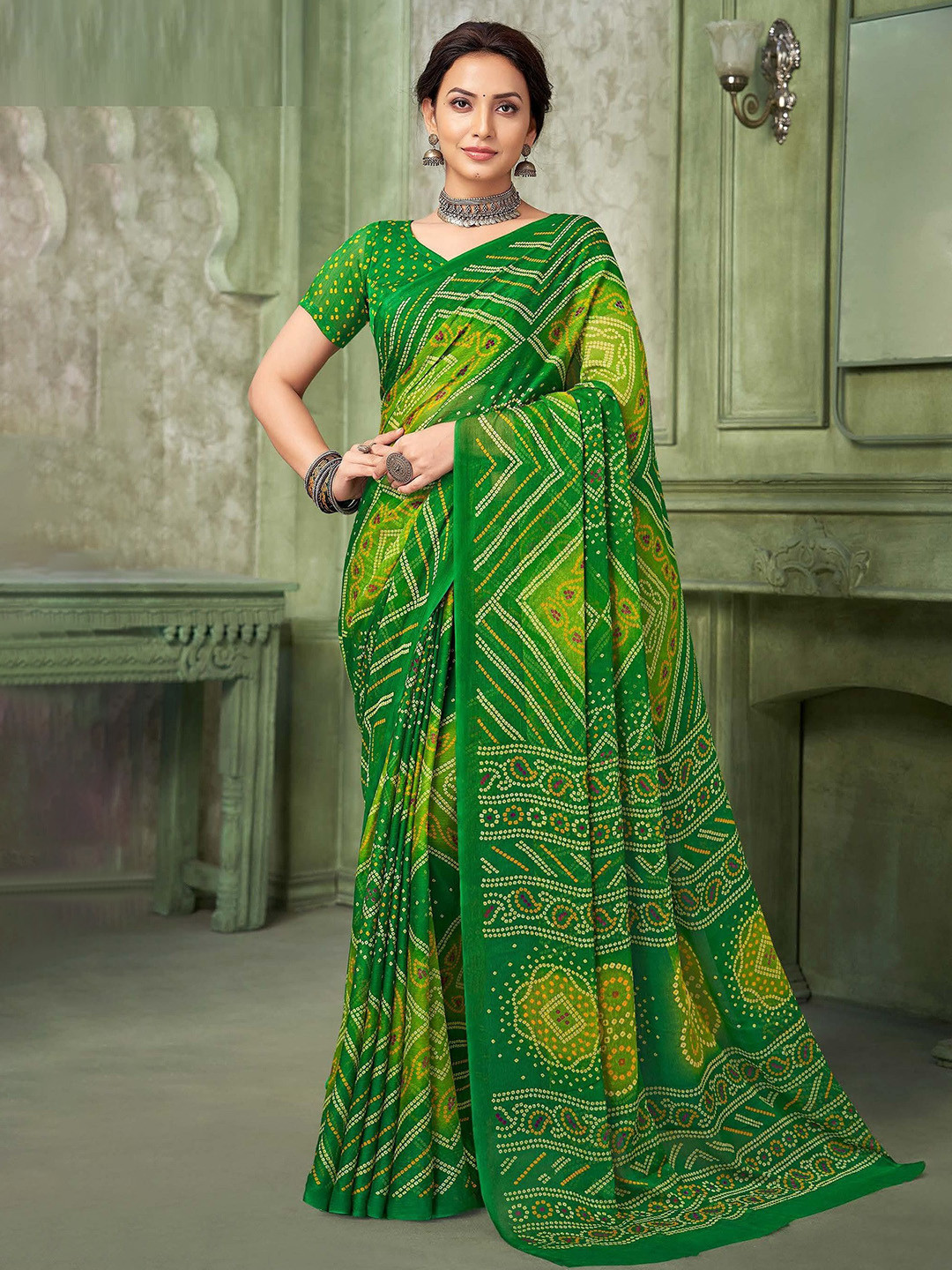 THE FASHION ATTIRE Green Geometric Print Bandhani Chiffon Saree With Blouse