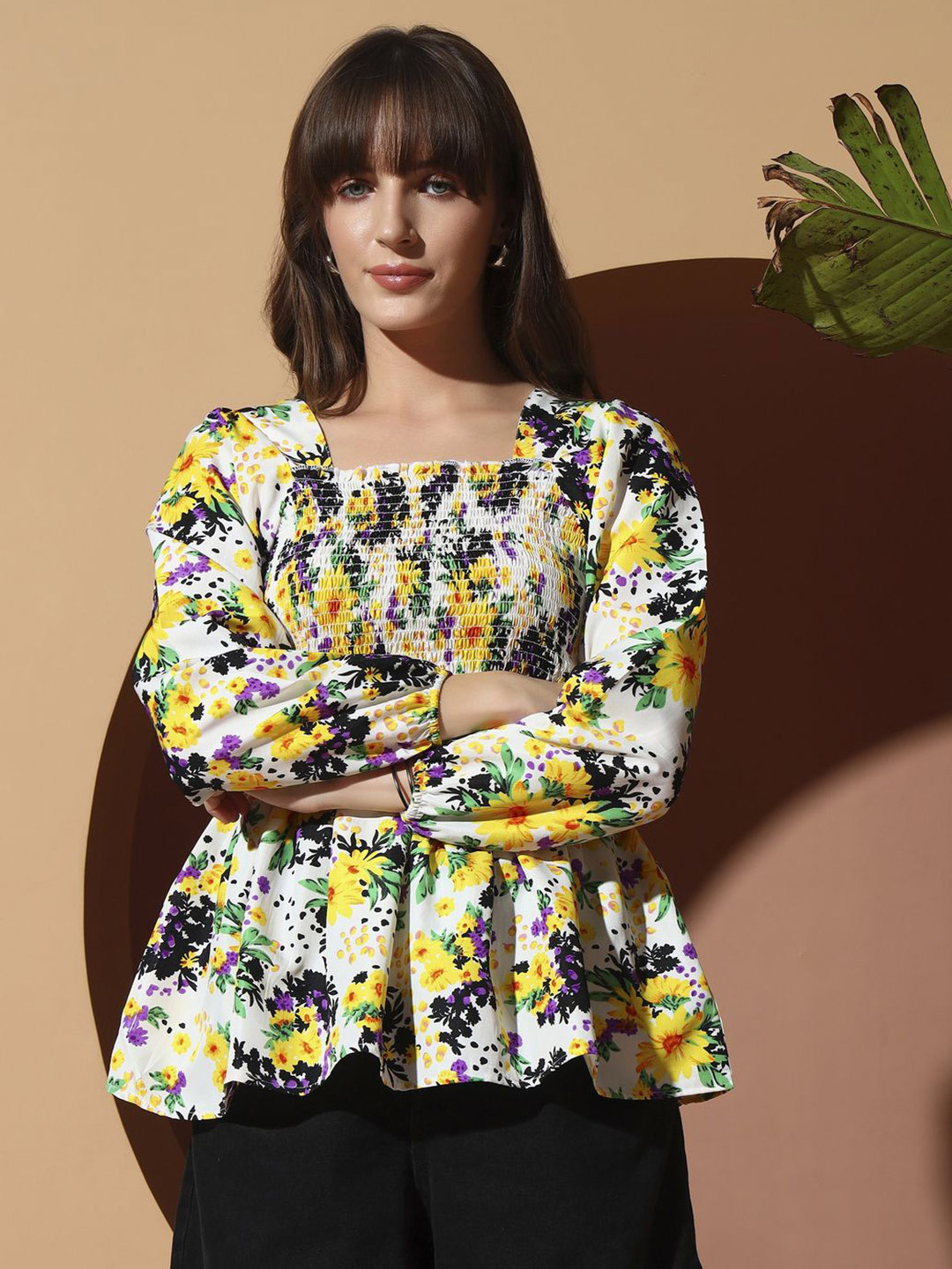ZWERLON Women Floral Printed Bishop Sleeves Smocked Peplum Top