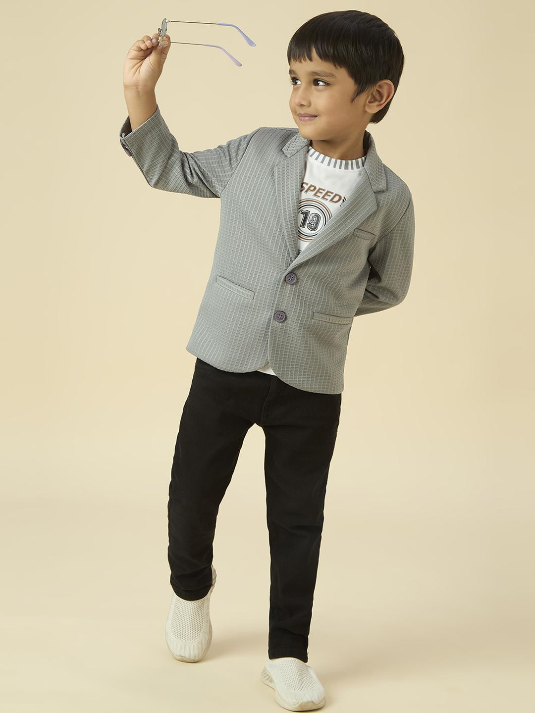 YK Lycra Boys Grey Full Sleeves Blazer Set With Graphic Printed T-Shirt