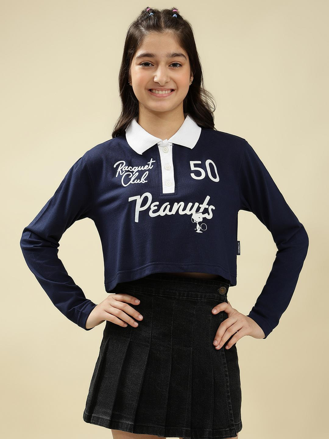 Lil Tomatoes Navy Blue Printed Cotton Crop Top