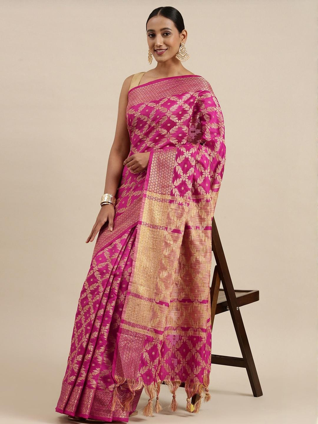 Pink Banarasi Silk saree With Unstiched Blouse Blouse Piece