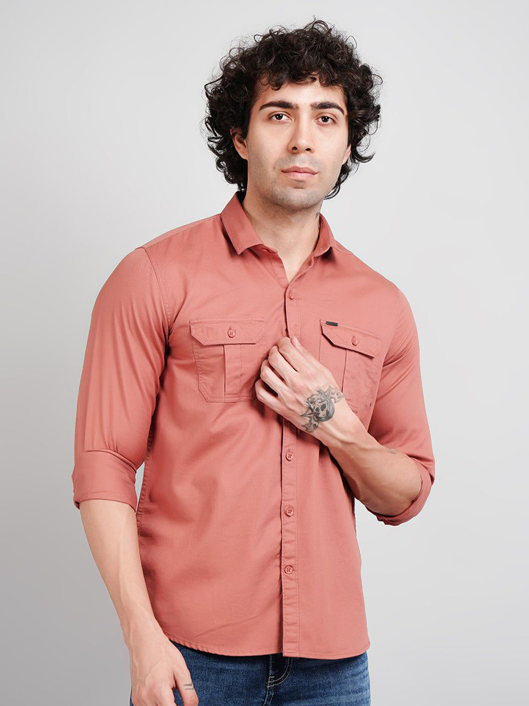 TIM PARIS Regular Fit Double Pocket Cotton Casual Shirt