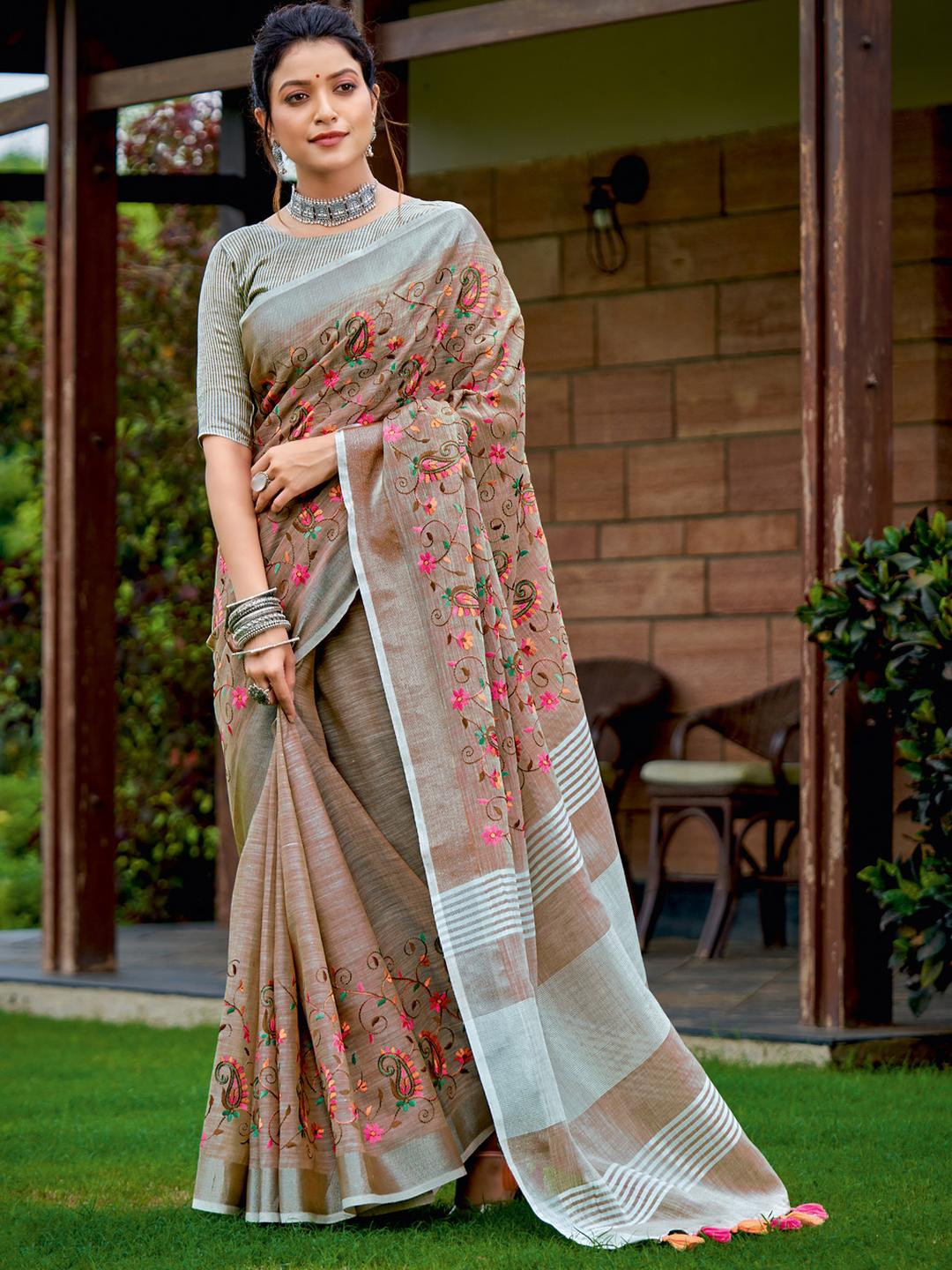 KALINI Beige Linen Blend Printed Sarees