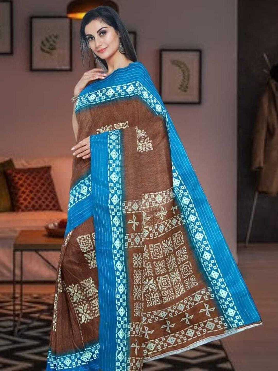 Ruhabs Ethnic Motifs Printed Ikkat Saree with Blouse Piece