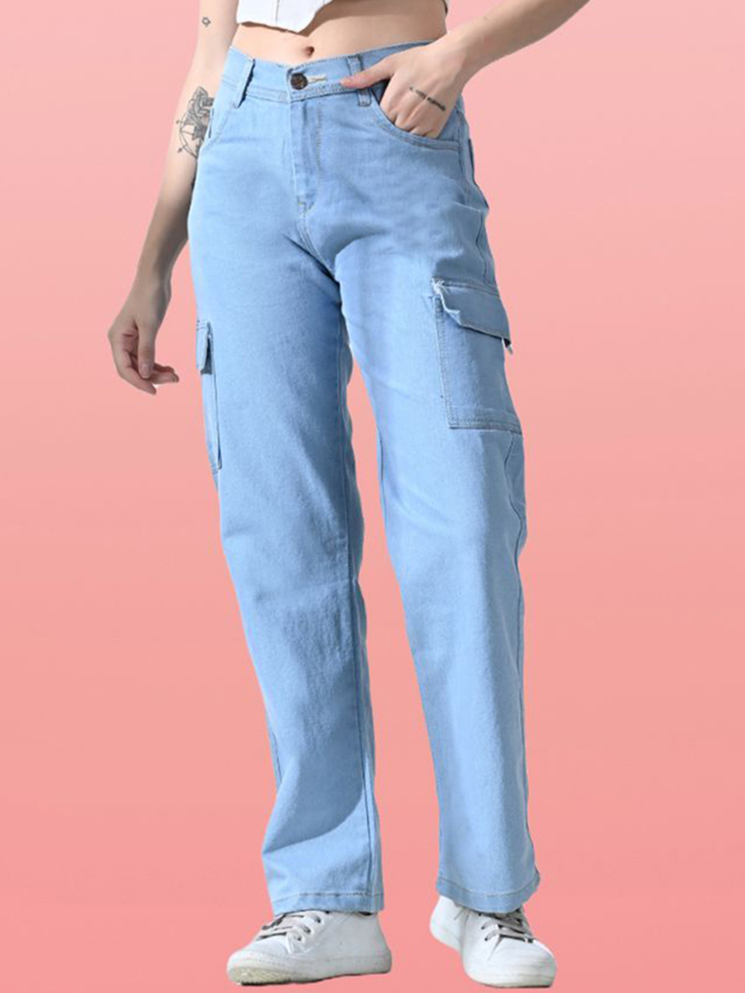 Mevan Women Classic Baggy Mid-Rise Stretchable Cargos Jeans