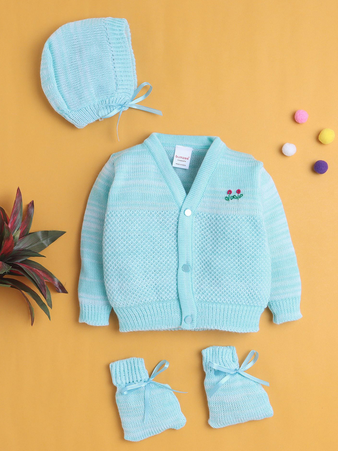 BUMZEE Infant Boys 3-Pcs Pure Cotton Sweater With Cap & Socks Baby Apparel Gift Set