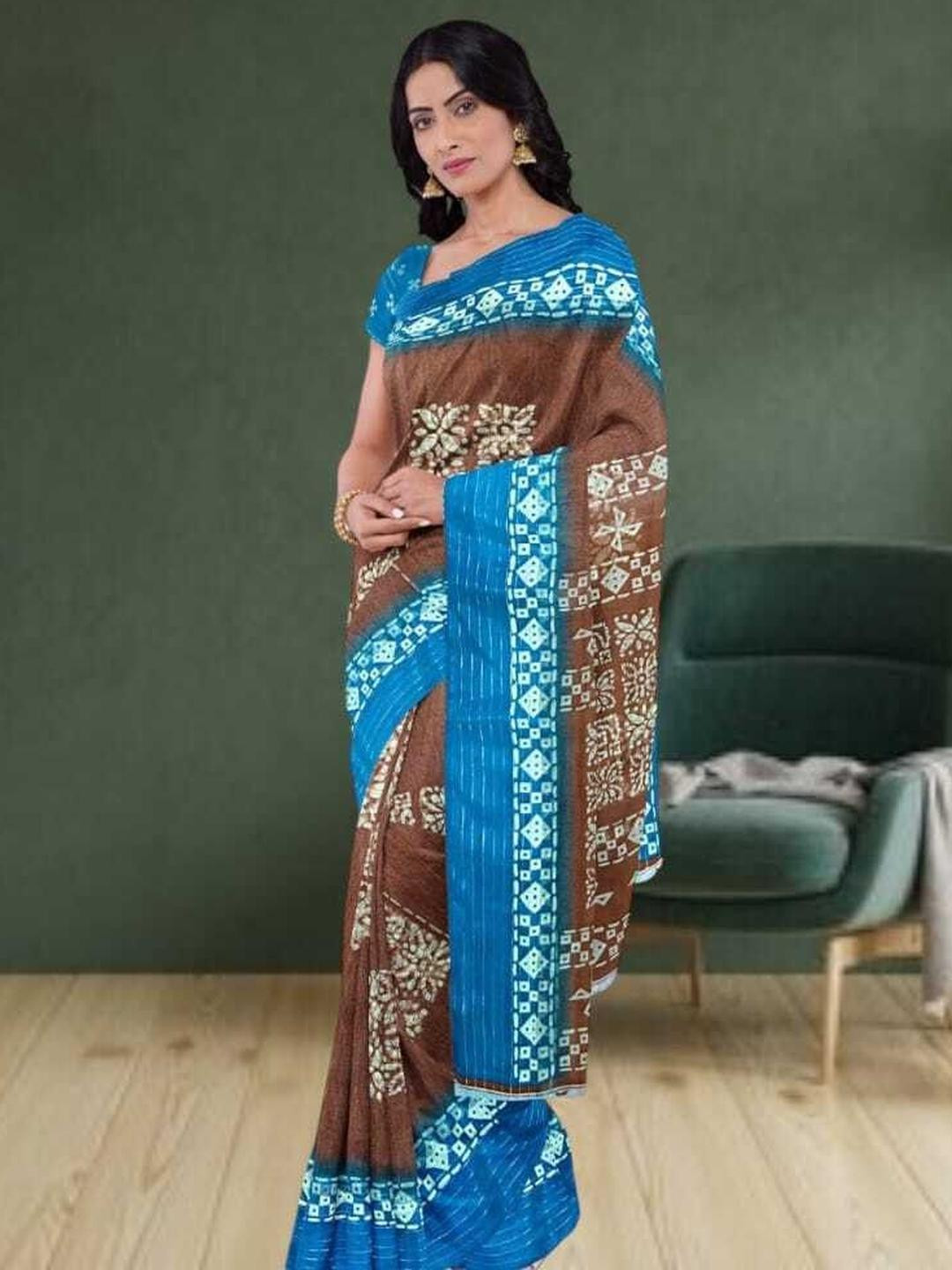 Ruhabs Woven Design Block Print Saree