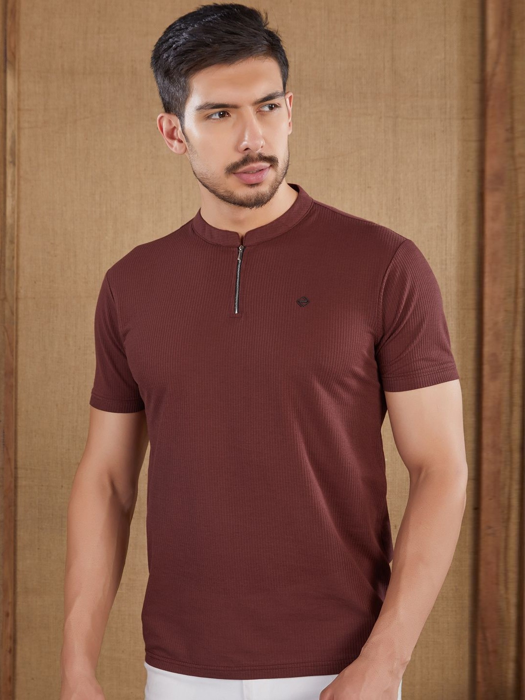PRORIDERS Maroon Self Design Mandarin Collar T-shirt