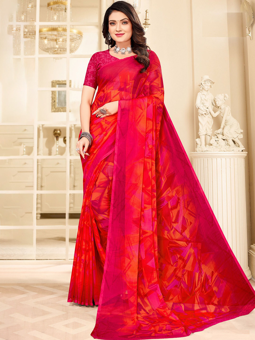 THE FASHION ATTIRE Geometric Printed Saree With Blouse Piece