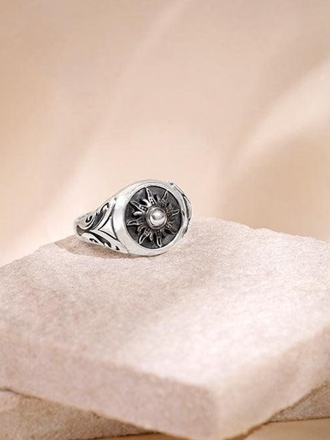 GIVA Men 925 Silver Brass-Plated Oxidised Solace Sun Ring