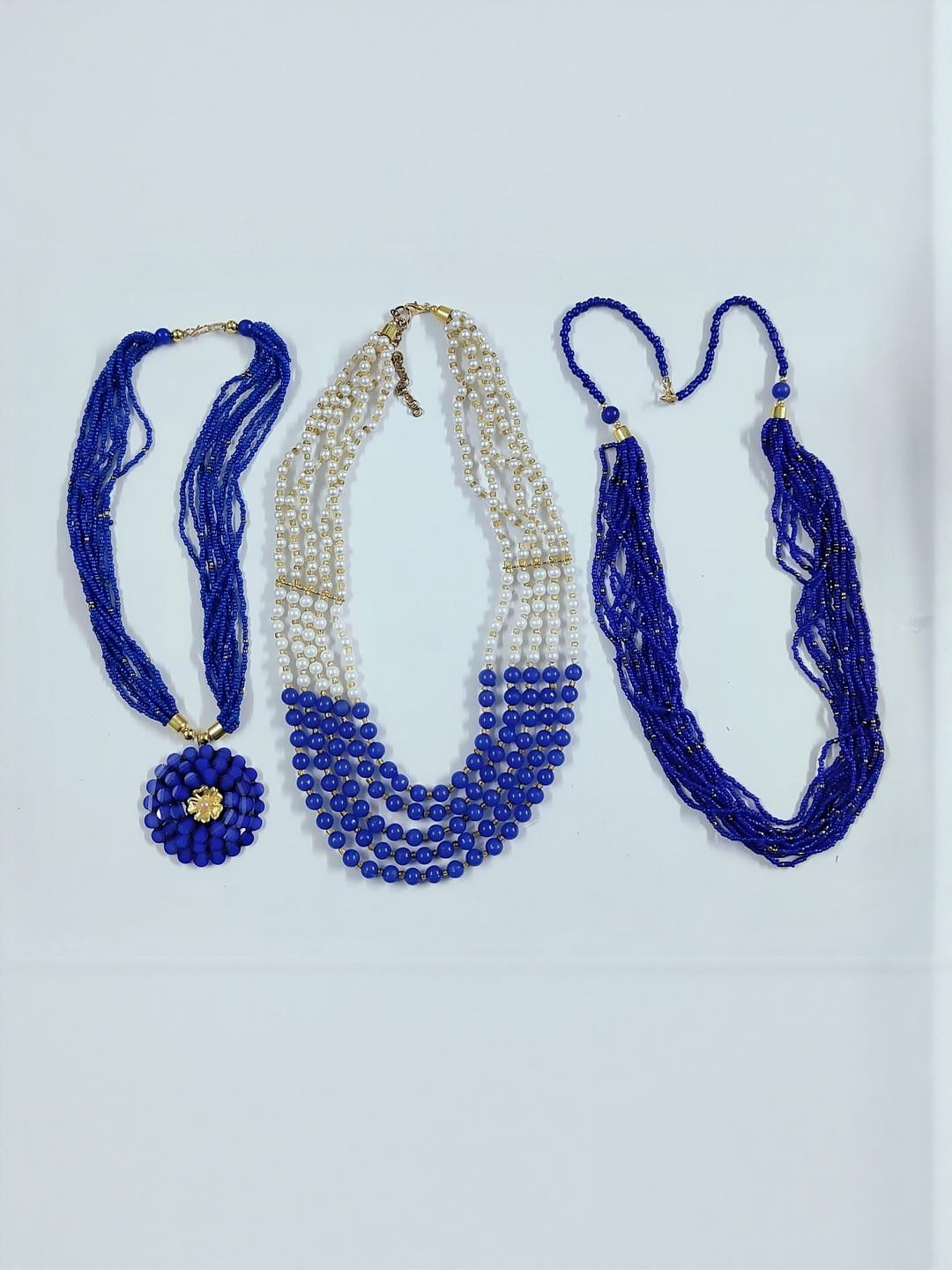 Grace Collections Women Pack Of 3 Blue & White Artificial Beads Brass Gold-Plated Necklace
