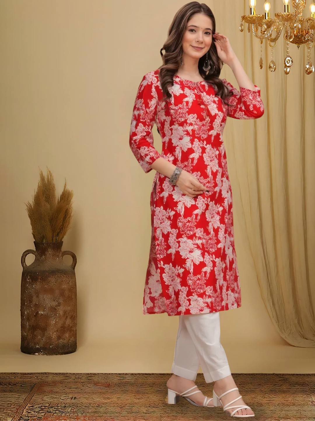 Wawlooks Floral Printed Beads And Stones Organic Cotton Straight Kurta
