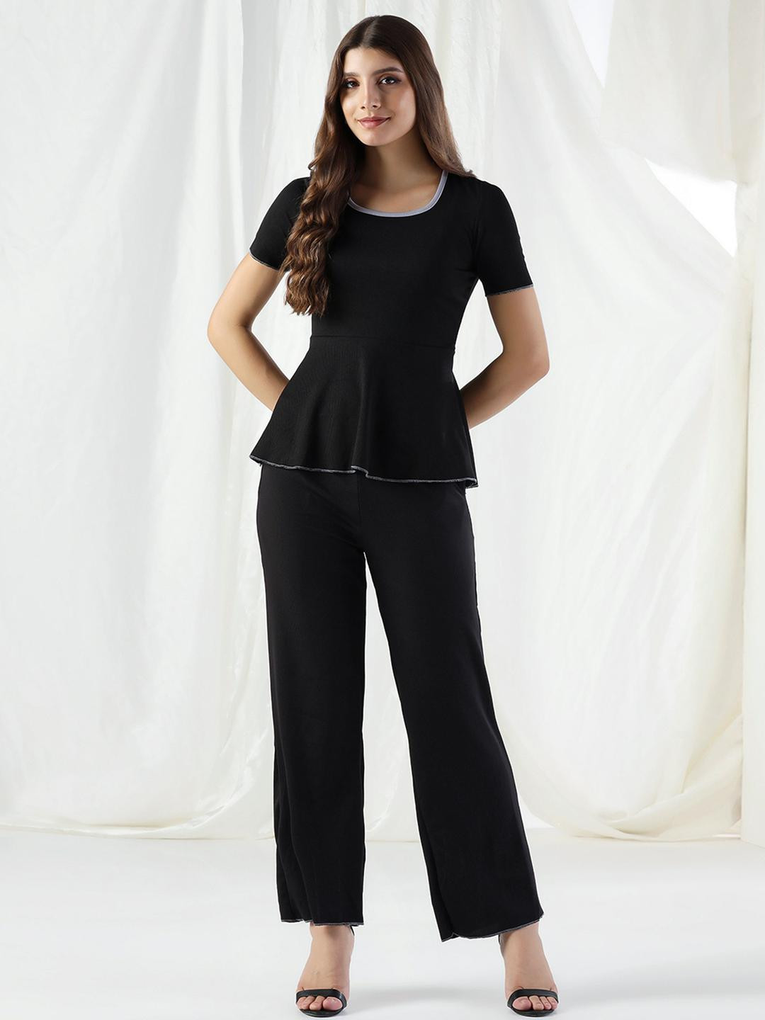 SZN Women Black Solid Co-ord Set With Peplum Top And Trouser