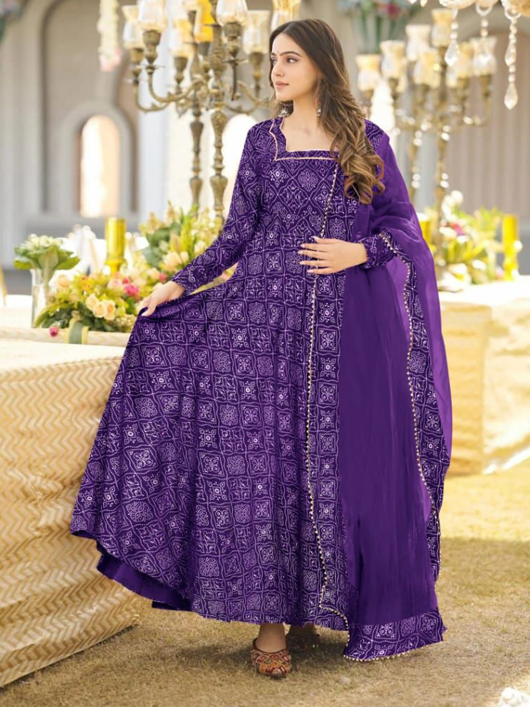 ZestLeaf Women Bandhani Printed Chikankari Anarkali Kurta with Dupatta