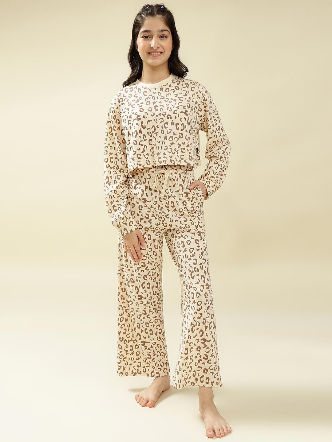 Lil Tomatoes Girls Cream Printed Round Neck Crop Cotton T-Shirt & Pyjama Night Suit