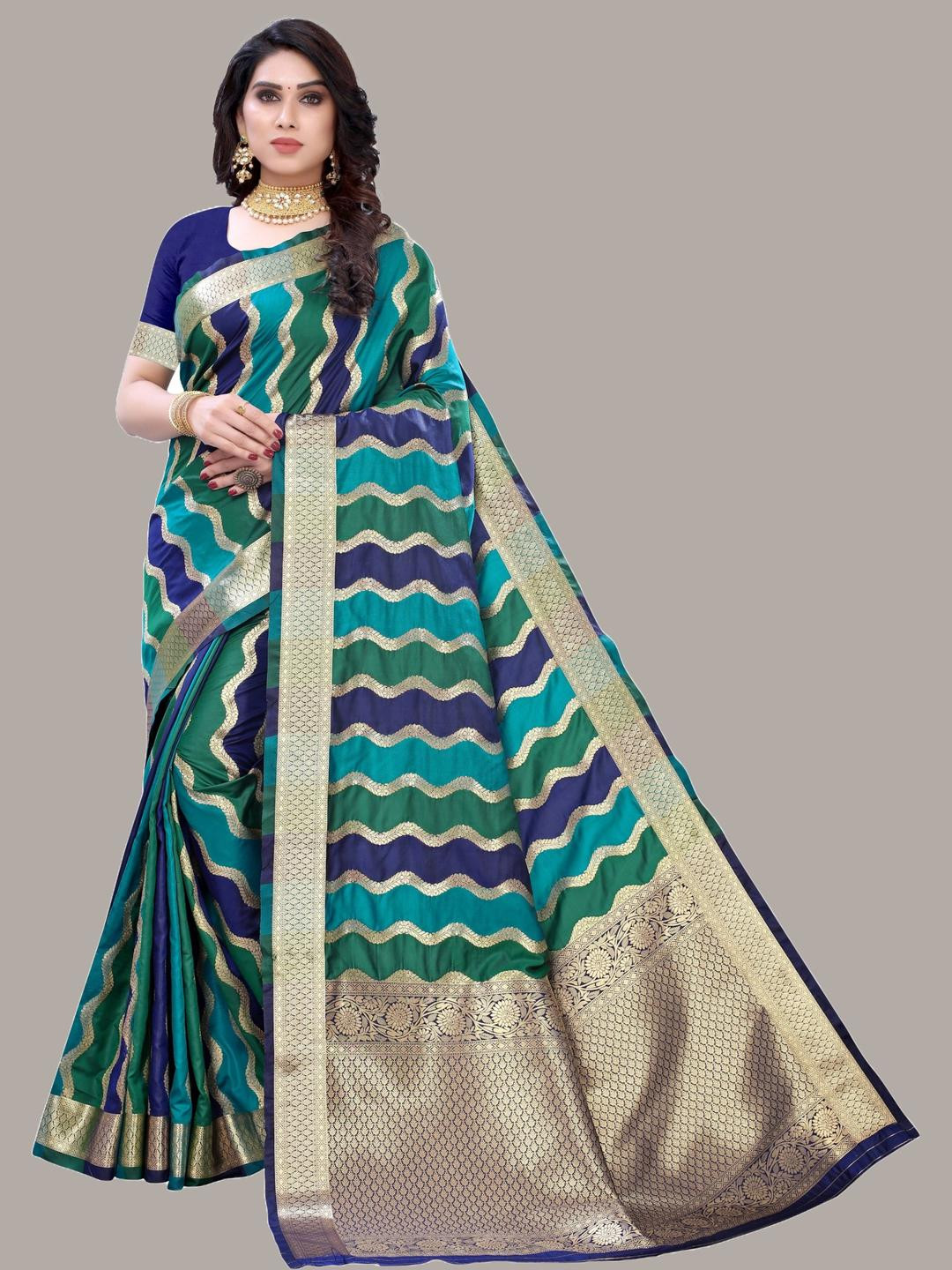 Blue Banarasi Silk Saree With Unstitched Blouse Piece