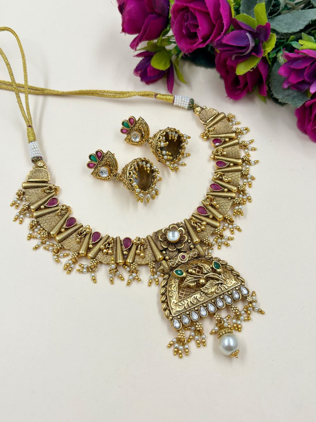 Gehna By Beadazzled Gold-Plated Stone Studded Short Antique Jewellery Set