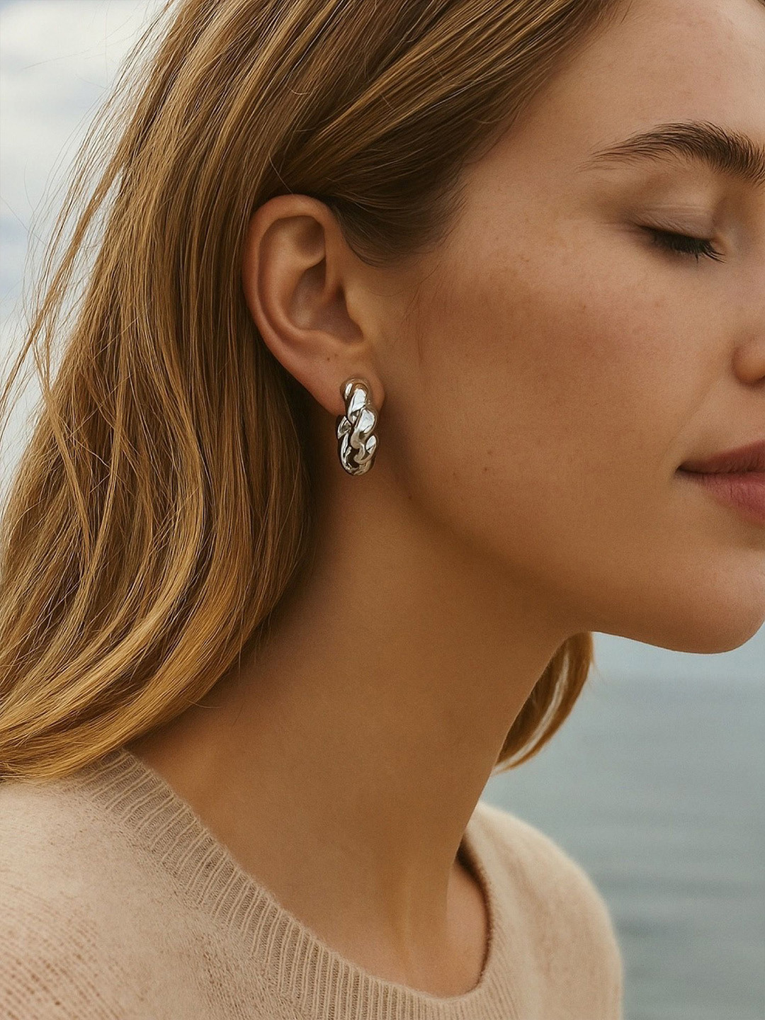 Digital Dress Room Silver-Plated Semi Circular Shaped Chunky Half Hoop Earrings