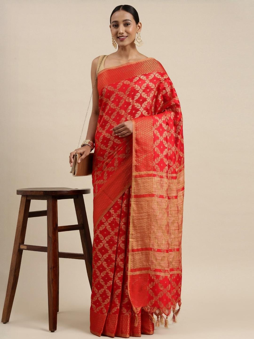 Red Banarasi Silk saree With Unstiched Blouse Blouse Piece