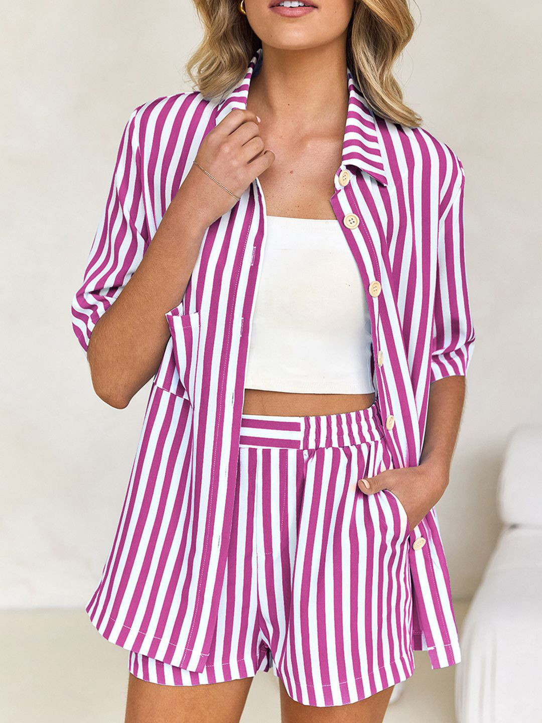 JC Mode Striped Shirt Collar Top Jacket With Shorts Co-Ords
