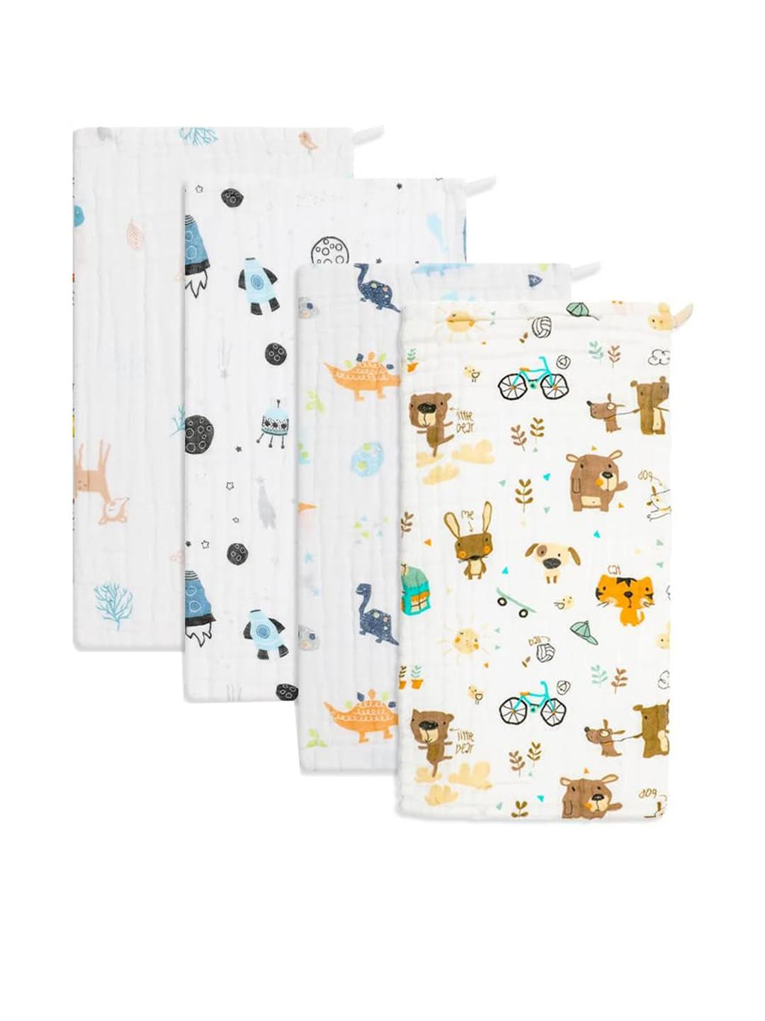 Teri Beri Unisex Kids Pack Of 4 Animal Printed Organic Cotton Burp Cloths