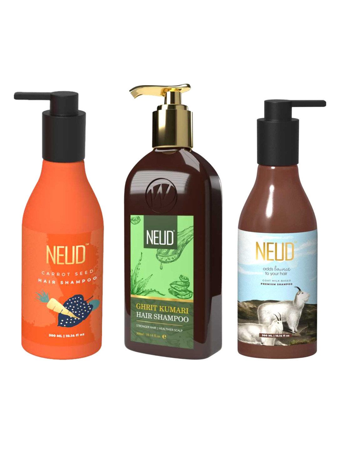 NEUD Set of 3 Shampoos 300ml each - Carrot Seed + Goat Milk + Ghrit Kumari