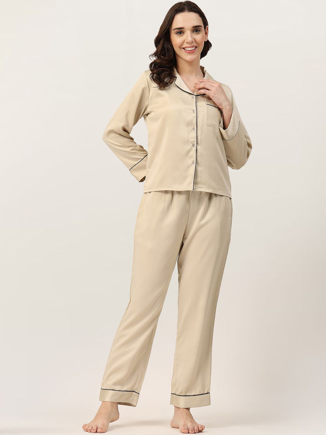 ETC Lapel Collar Satin Shirt With Pyjamas