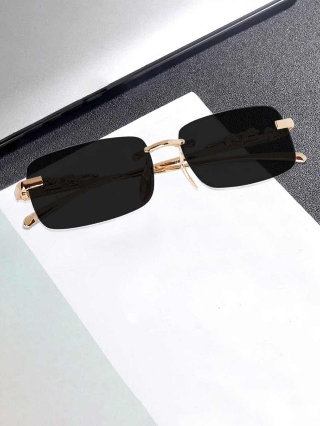 SPADEACES Unisex UV Protected Rectangle Sunglasses kARAN GOLD BLACK -21