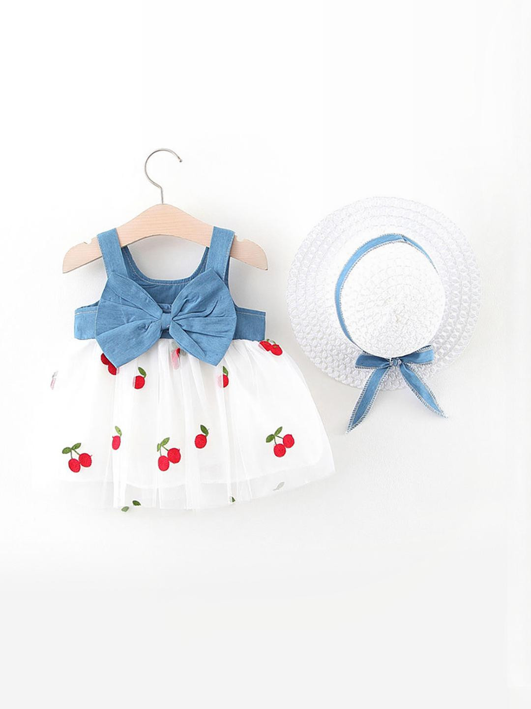 White and Blue Fruit Print Sleeveless Casual Dress with Hat