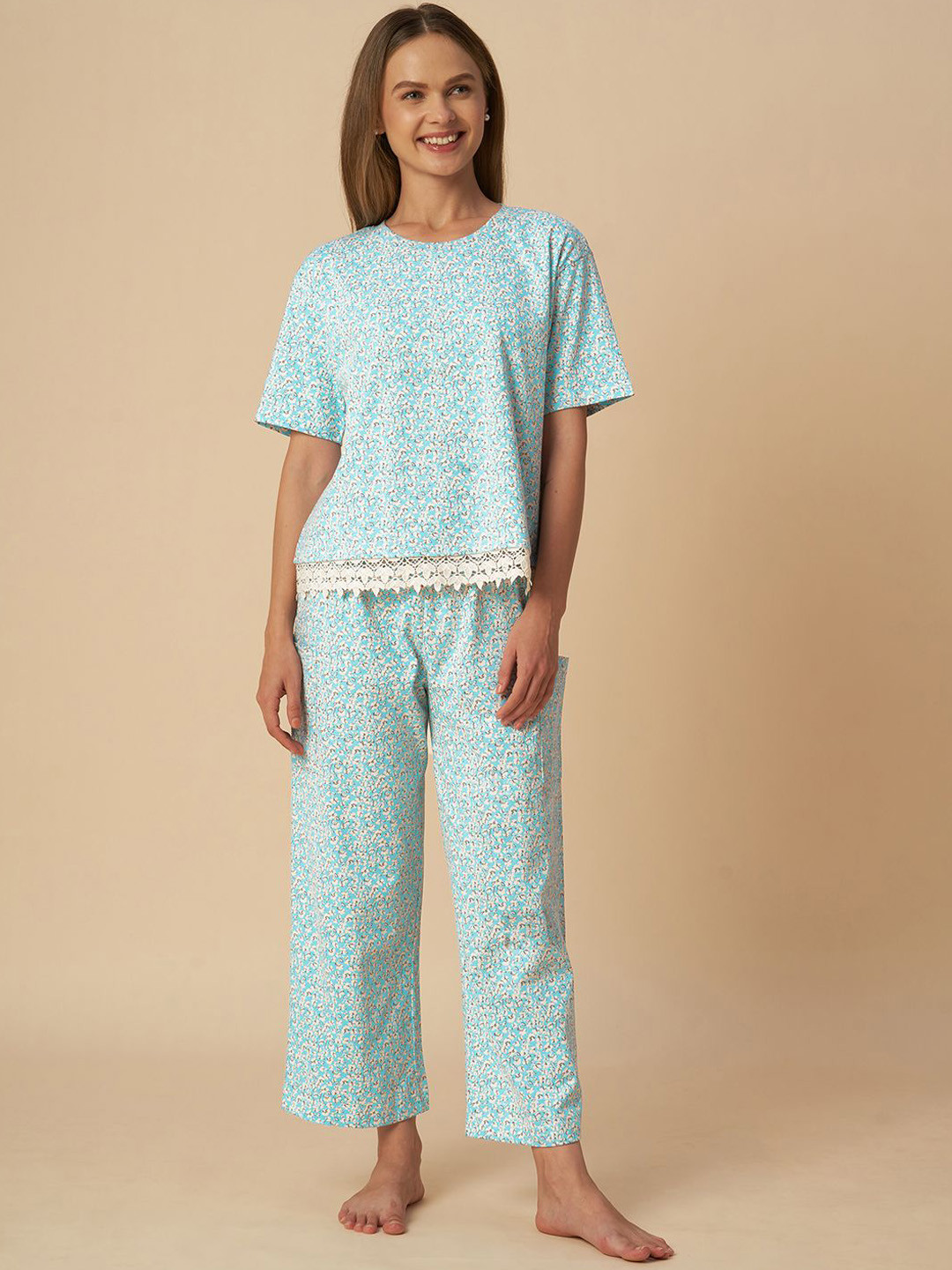 Chemistry Floral Printed Short Sleeves Pure Cotton Top With Pyjamas