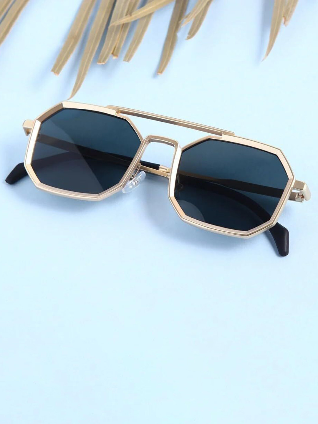 SPADEACES Unisex Rectangle Sunglasses with UV Protected Lens GOLD BLACK POLYGON -444