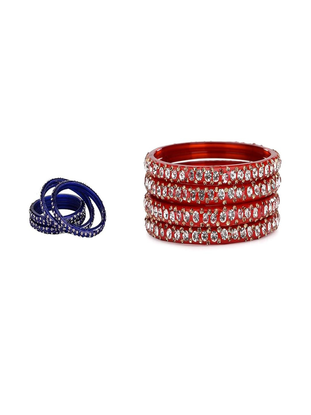 SOMIL Women Pack of 8 Red & Blue Glass With Artificial stone Bangles