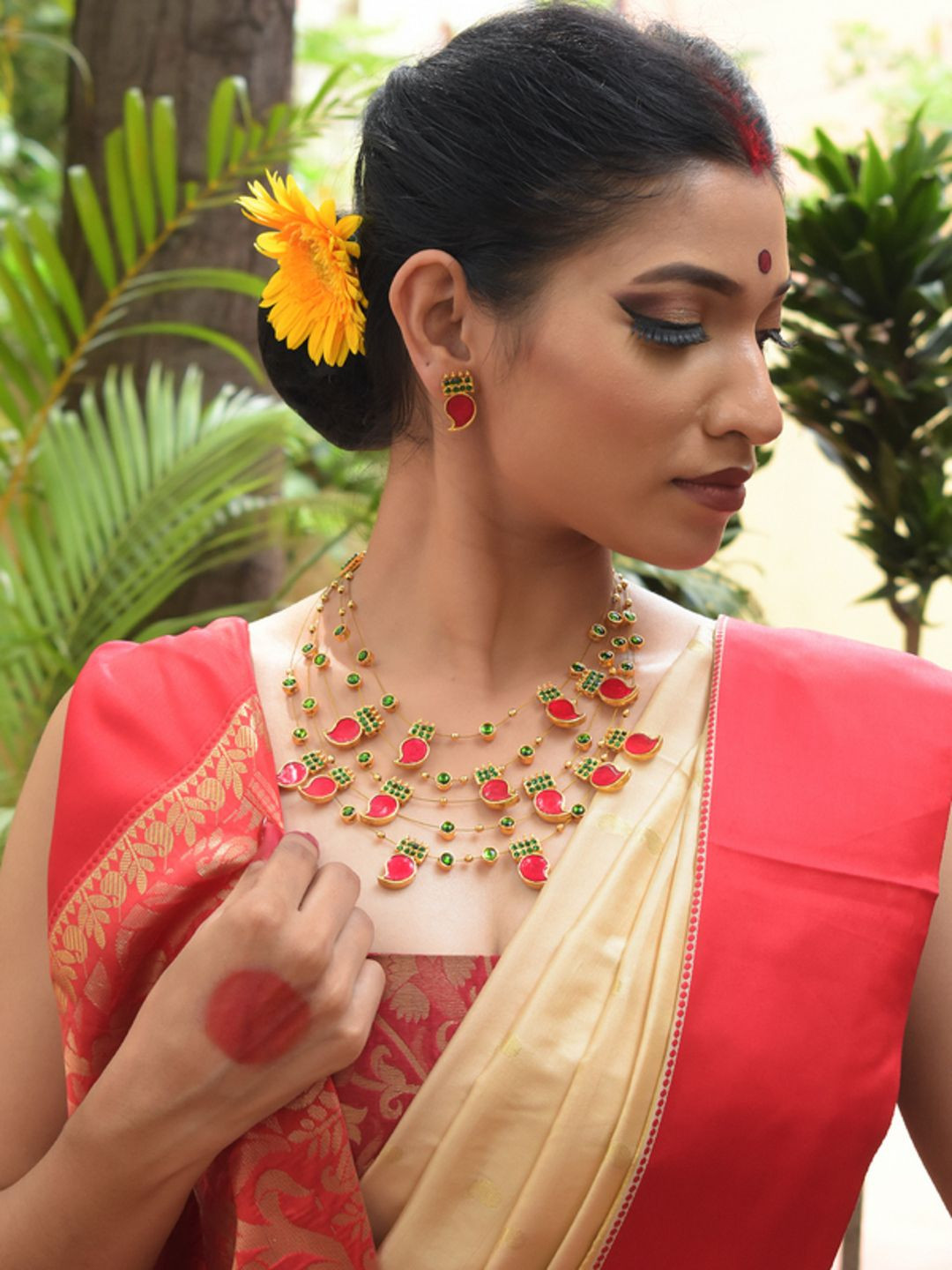 Aarika Brass Gold-Plated Artificial Stones Studded Layered Statement Necklace